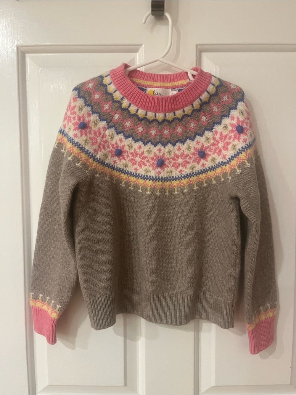 Mini Boden Taupe Sweater with Pink Fair Isle Yoke
